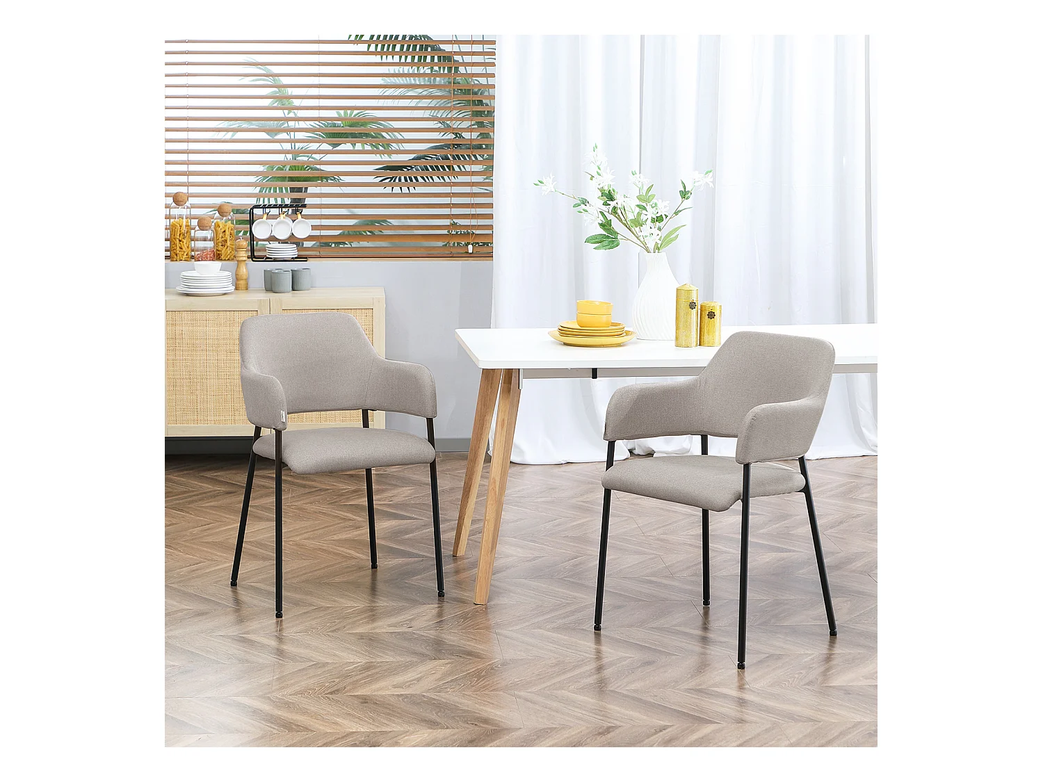 Eetkamerstoelen set van 2, keukenstoel met rugleuning, gestoffeerde stoel met stalen poten, beige