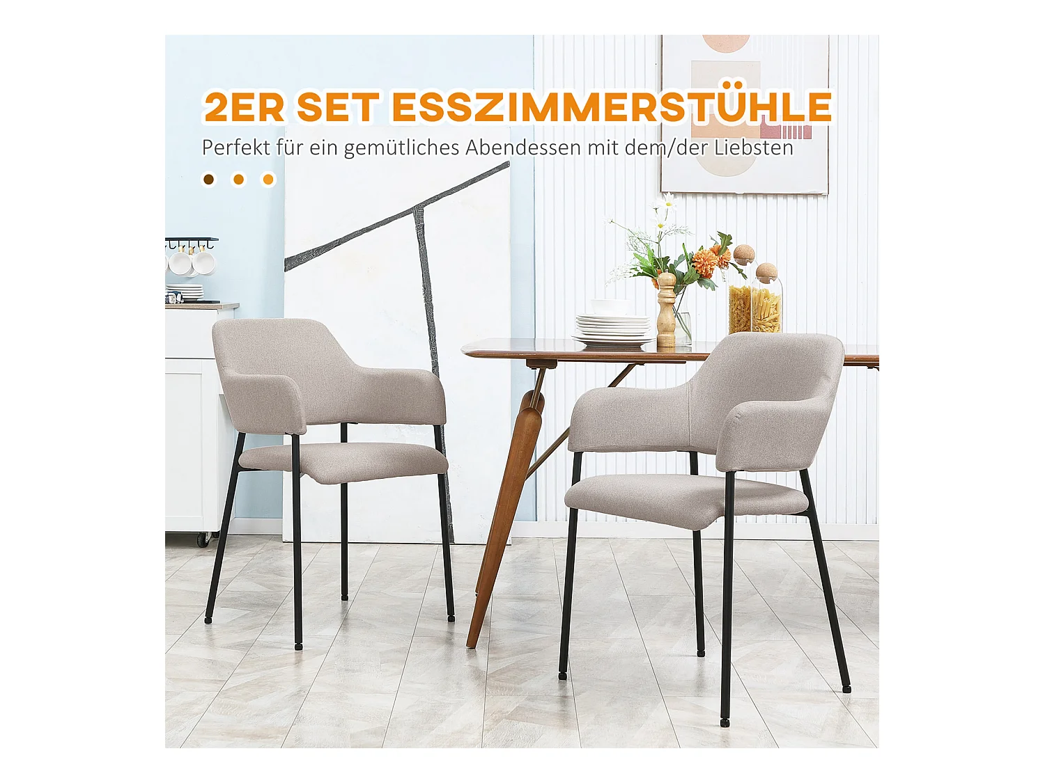 Esszimmerstühle 2er-Set, Küchenstuhl mit Rückenlehne, Polsterstuhl mit Stahlbeinen, Beige