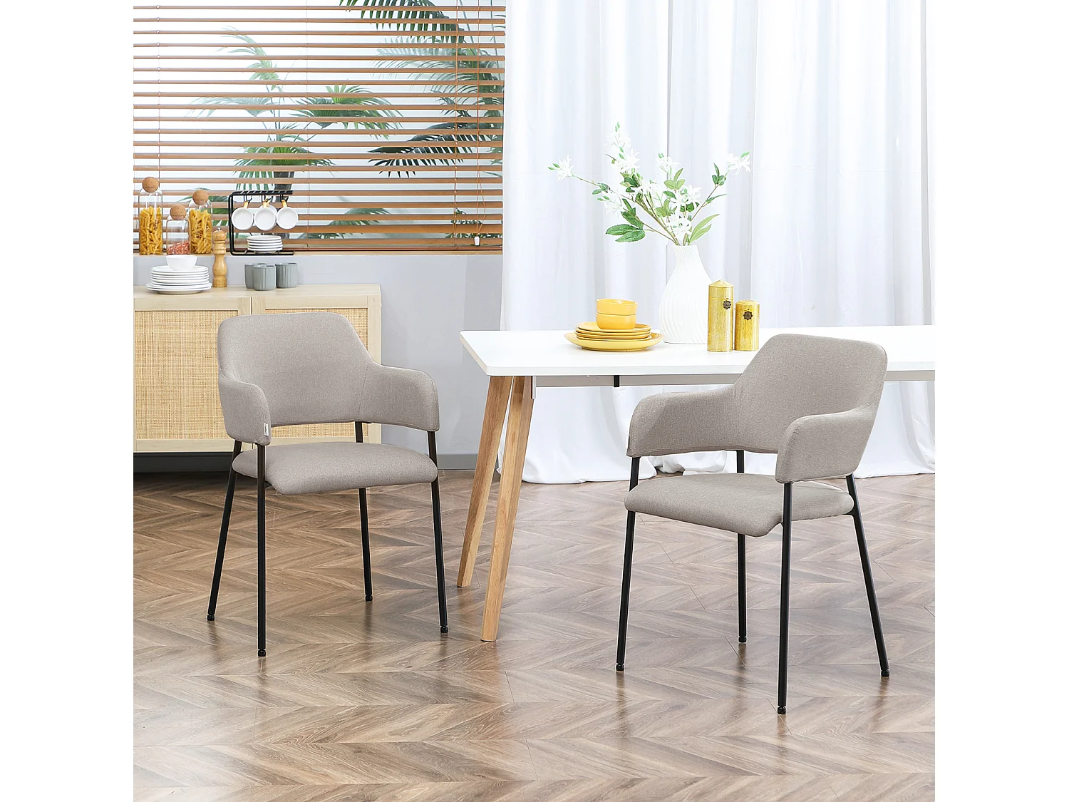 Eetkamerstoelen set van 2, keukenstoel met rugleuning, gestoffeerde stoel met stalen poten, beige