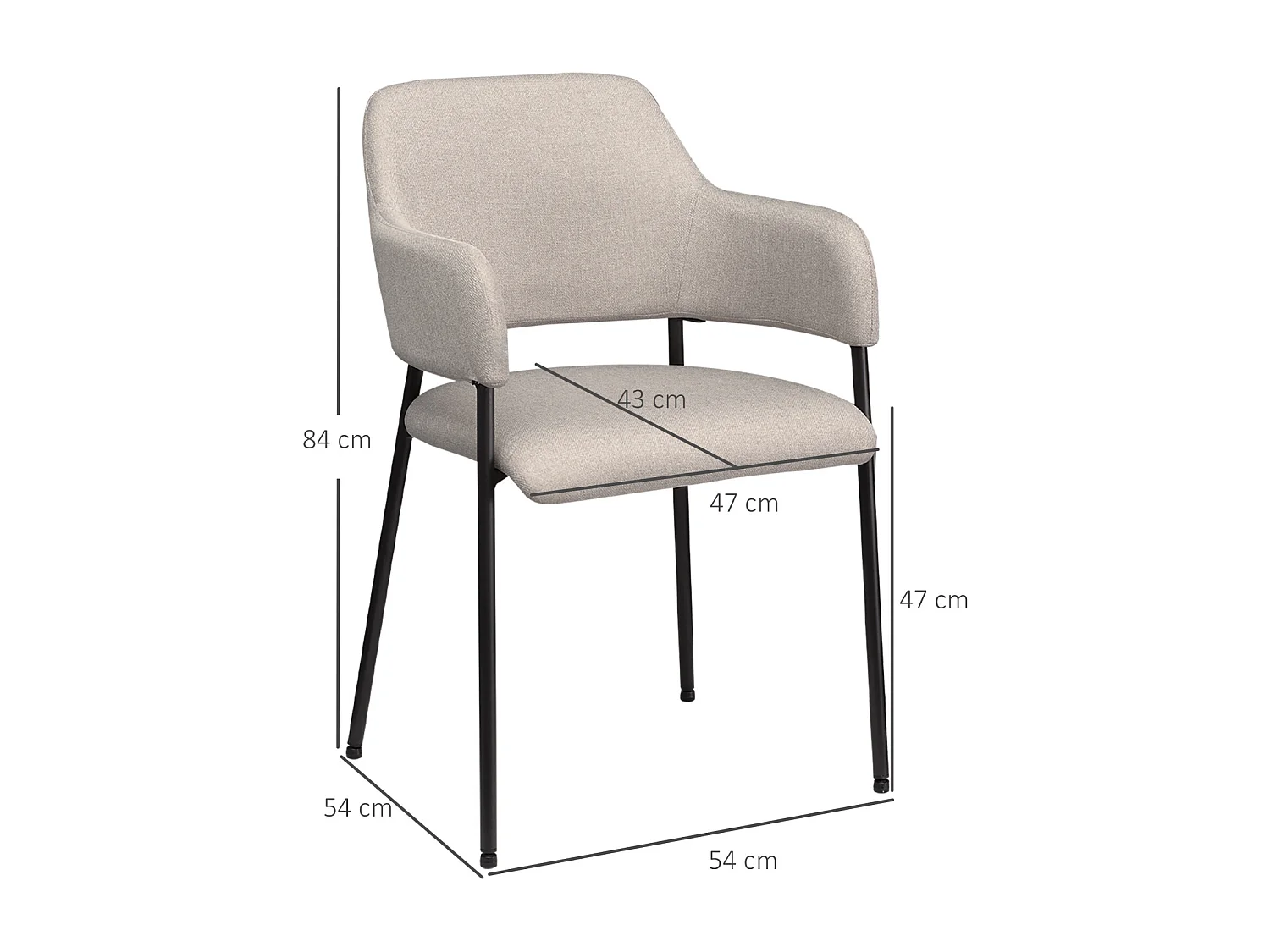 Eetkamerstoelen set van 2, keukenstoel met rugleuning, gestoffeerde stoel met stalen poten, beige