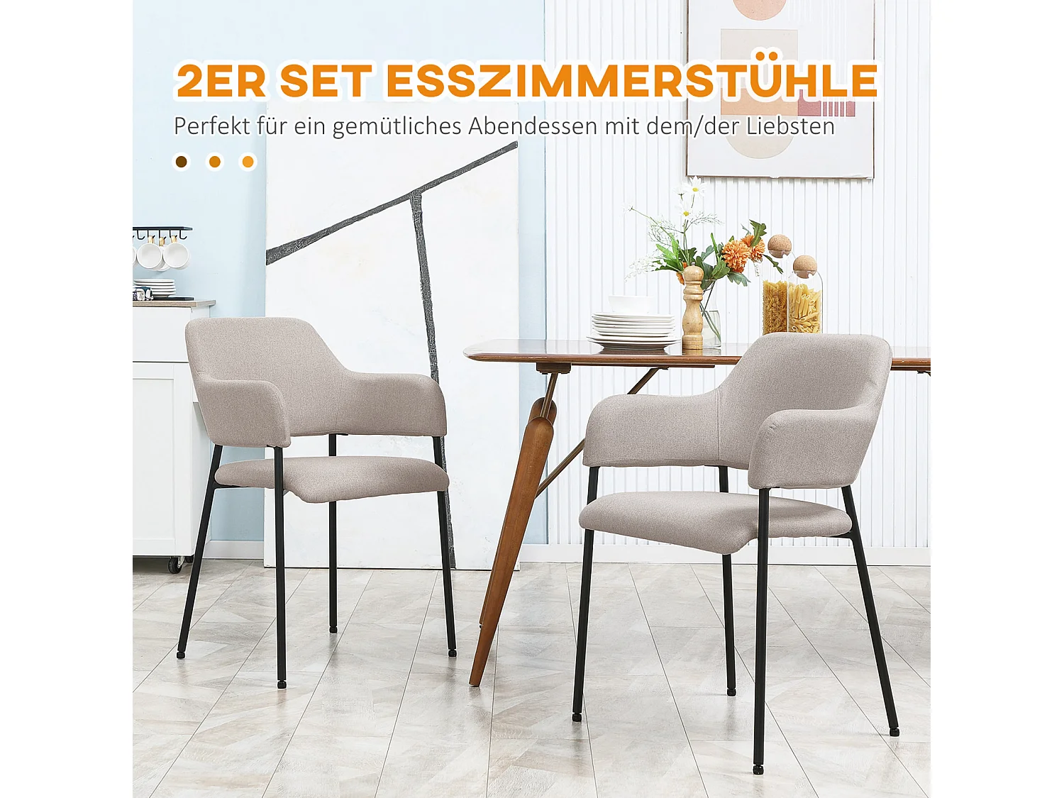 Eetkamerstoelen set van 2, keukenstoel met rugleuning, gestoffeerde stoel met stalen poten, beige