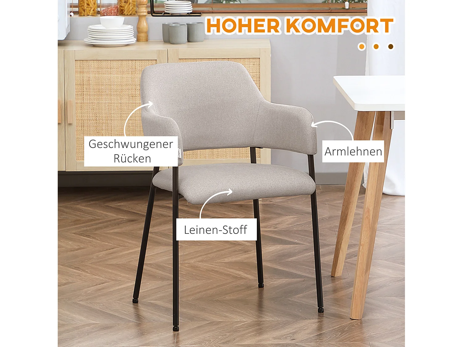Eetkamerstoelen set van 2, keukenstoel met rugleuning, gestoffeerde stoel met stalen poten, beige