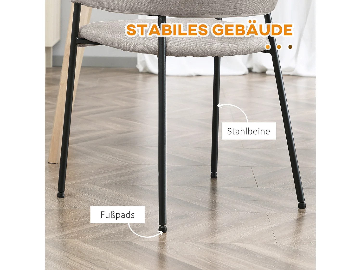 Eetkamerstoelen set van 2, keukenstoel met rugleuning, gestoffeerde stoel met stalen poten, beige