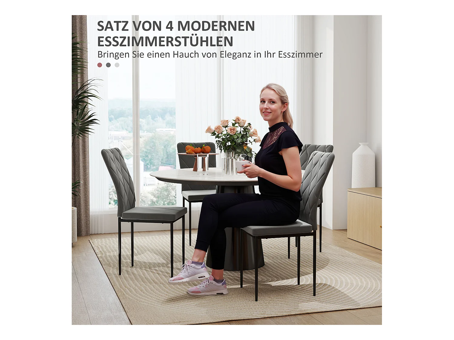 Ensemble de 4 chaises de salle à manger, chaises de cuisine rembourrées avec dossier, aspect velours, pieds en métal, gris foncé