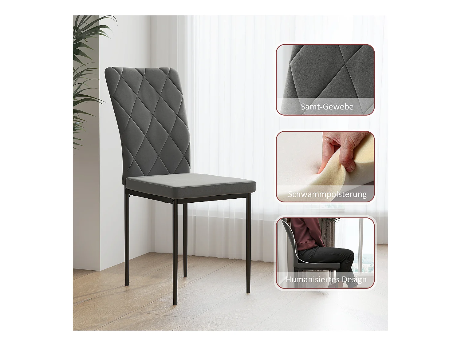 Ensemble de 4 chaises de salle à manger, chaises de cuisine rembourrées avec dossier, aspect velours, pieds en métal, gris foncé