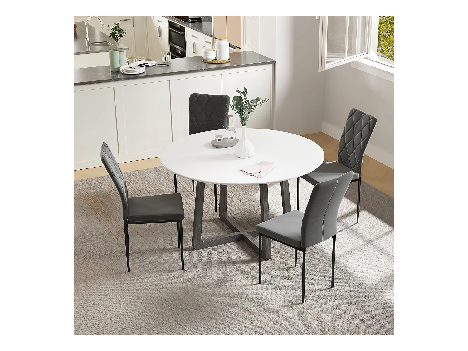 Ensemble de 4 chaises de salle à manger, chaises de cuisine rembourrées avec dossier, aspect velours, pieds en métal, gris foncé