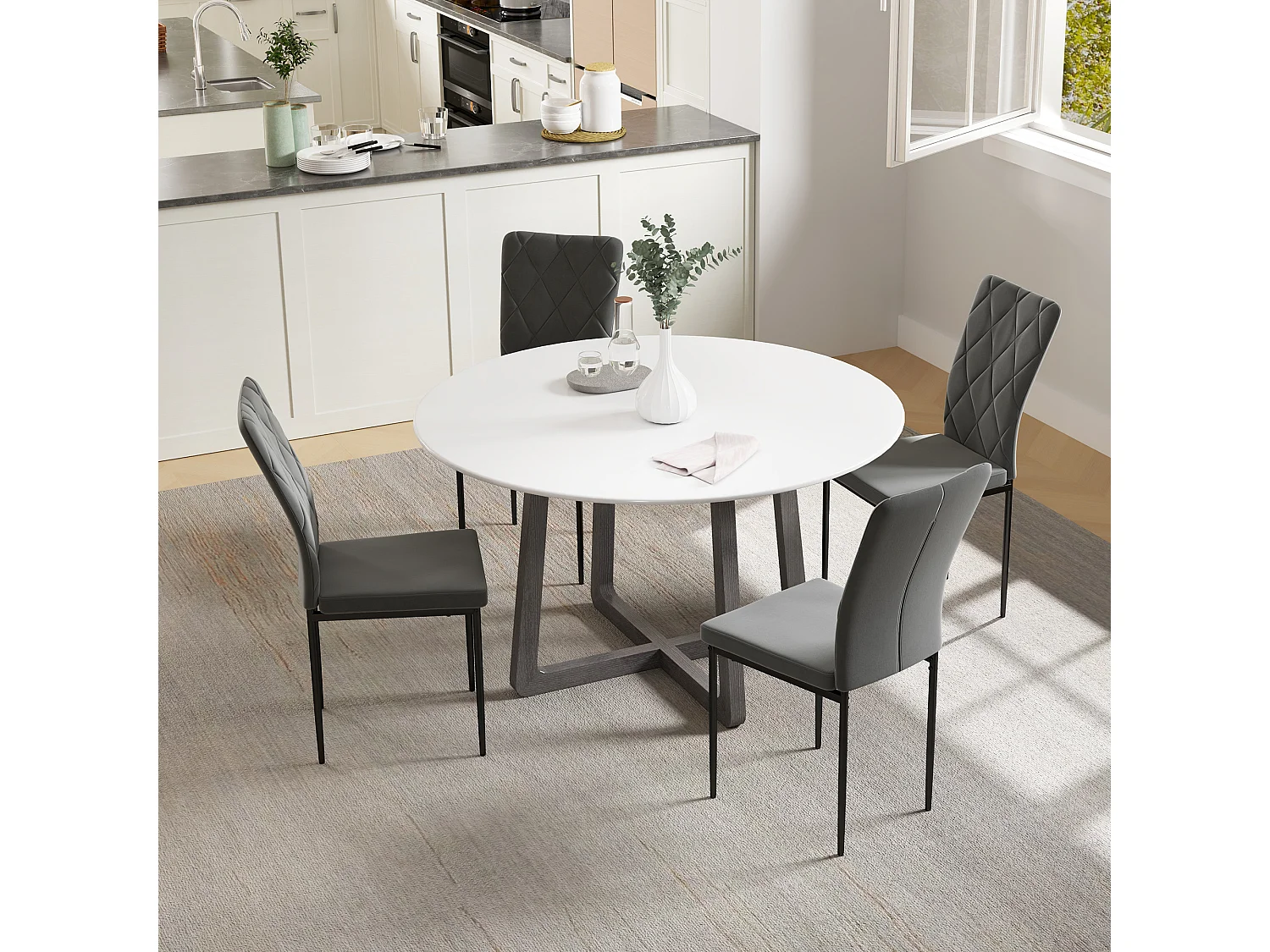 Set van 4 eetkamerstoelen, gestoffeerde keukenstoelen met rugleuning, fluweellook, metalen poten, donkergrijs