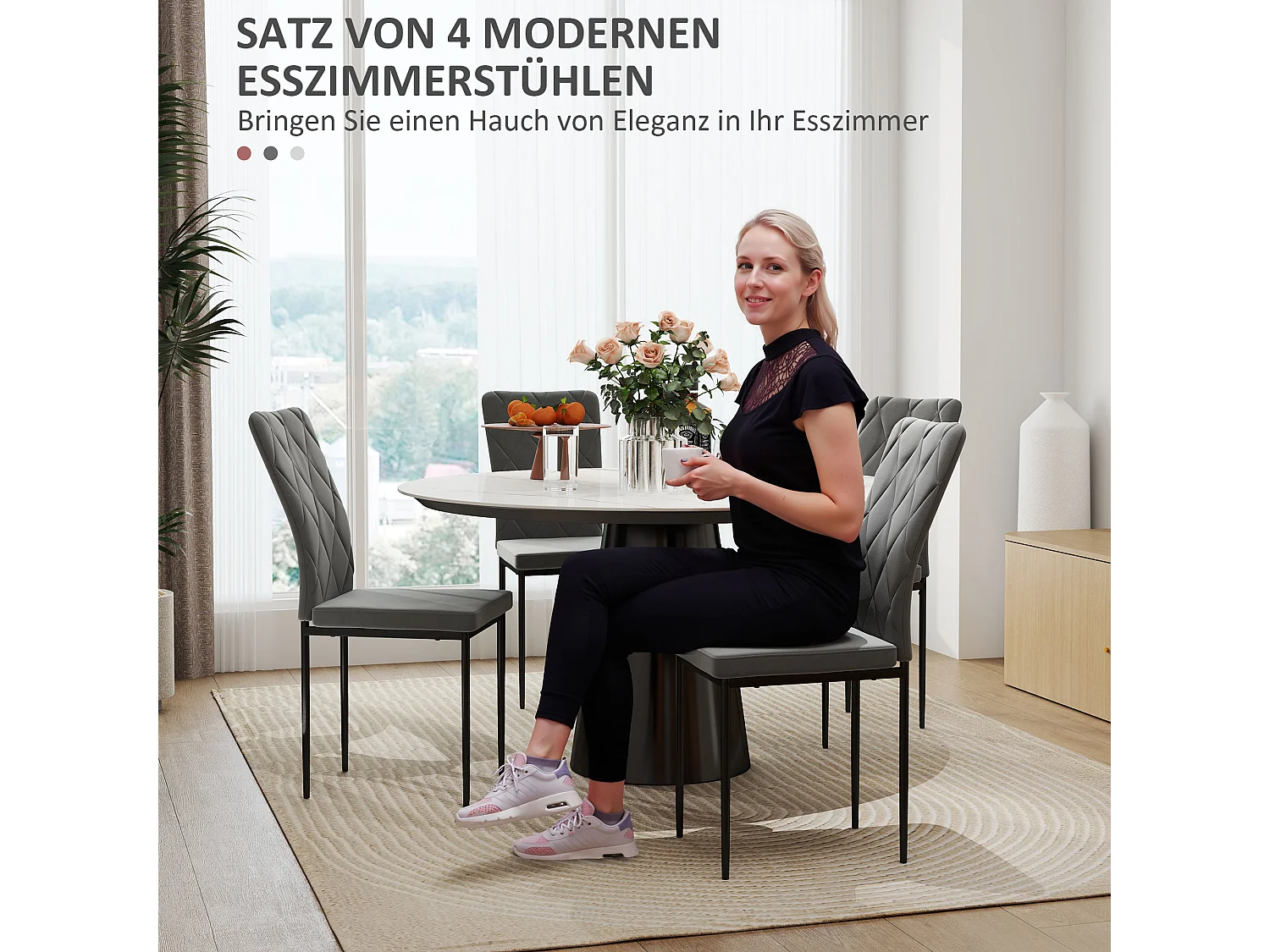 Set van 4 eetkamerstoelen, gestoffeerde keukenstoelen met rugleuning, fluweellook, metalen poten, donkergrijs