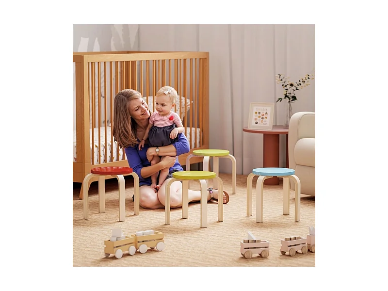 Lot de 4 tabourets empilables, avec patins en feutre, contreplaqué de bouleau verni, coloré