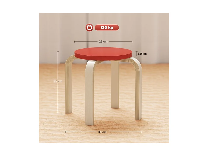 Lot de 4 tabourets empilables, avec patins en feutre, contreplaqué de bouleau verni, coloré