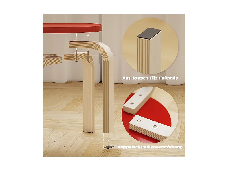 Lot de 4 tabourets empilables, avec patins en feutre, contreplaqué de bouleau verni, coloré