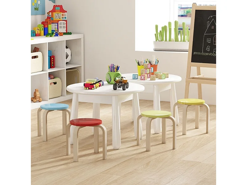 Lot de 4 tabourets empilables, avec patins en feutre, contreplaqué de bouleau verni, coloré