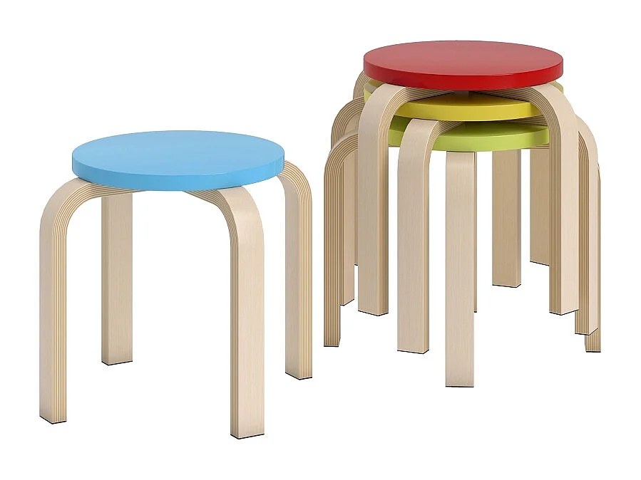 Lot de 4 tabourets empilables, avec patins en feutre, contreplaqué de bouleau verni, coloré