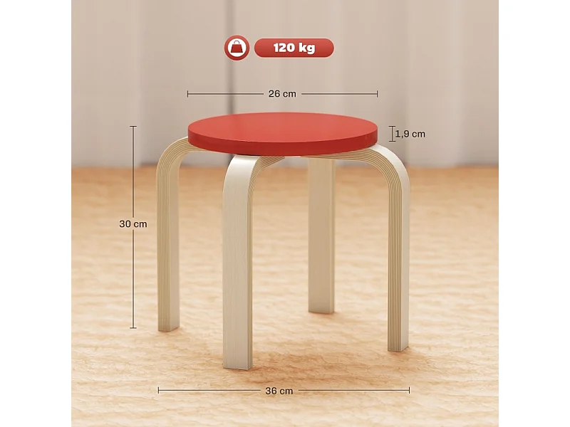 Lot de 4 tabourets empilables, avec patins en feutre, contreplaqué de bouleau verni, coloré