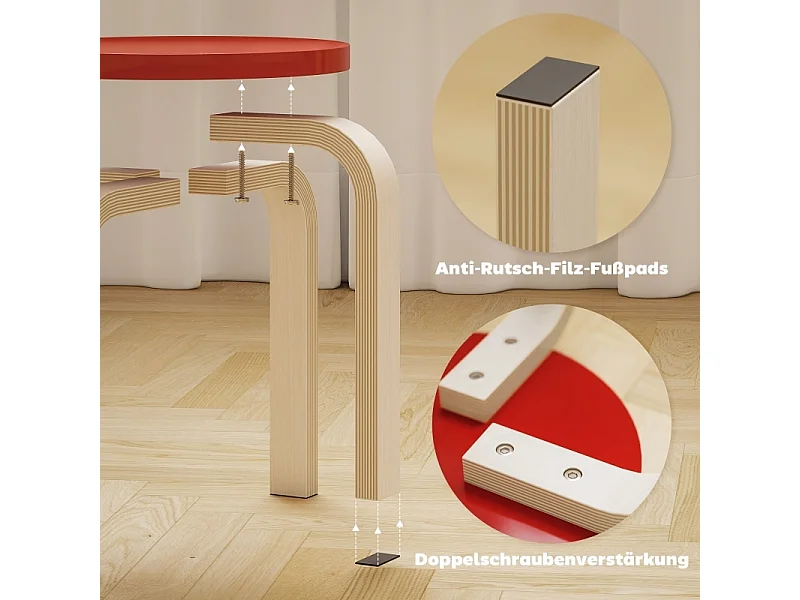 Lot de 4 tabourets empilables, avec patins en feutre, contreplaqué de bouleau verni, coloré