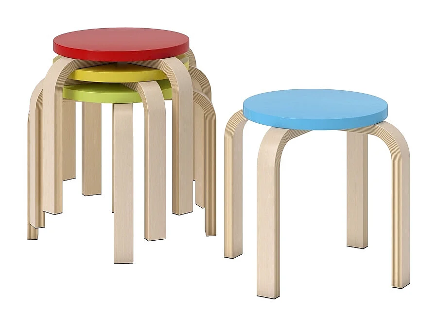 Lot de 4 tabourets empilables, avec patins en feutre, contreplaqué de bouleau verni, coloré