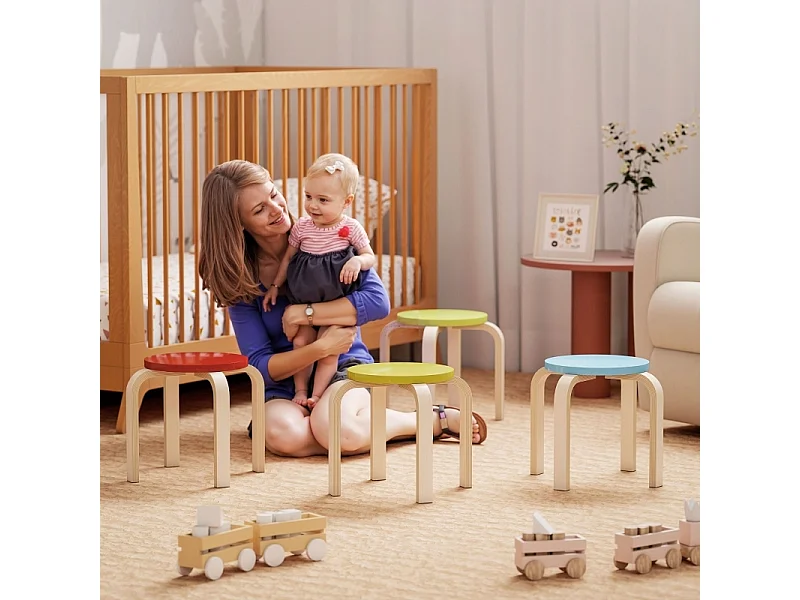 Set di 4 sgabelli impilabili, con piedini in feltro, compensato di betulla verniciato, colorato