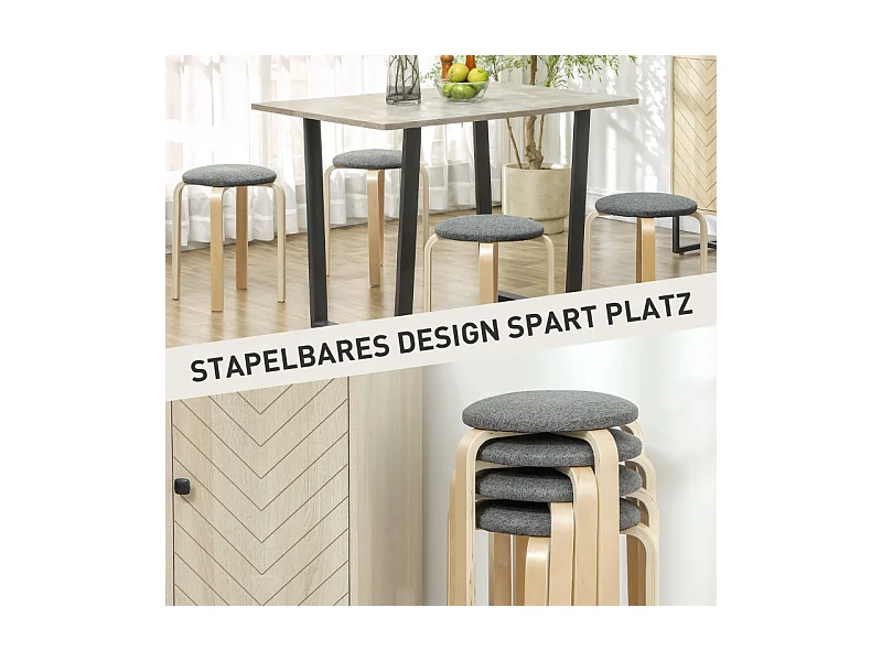 Lot de 4 tabourets de salle à manger, empilables, ronds, rembourrés aspect lin, pour cuisine, salon, gris
