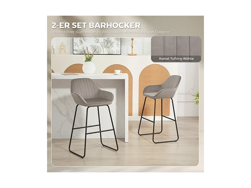 Lot de 2 tabourets de bar avec revêtement en tissu et rembourrage en mousse, tabouret rembourré avec pieds en métal, gris
