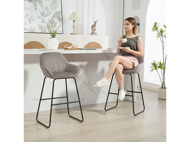 Lot de 2 tabourets de bar avec revêtement en tissu et rembourrage en mousse, tabouret rembourré avec pieds en métal, gris