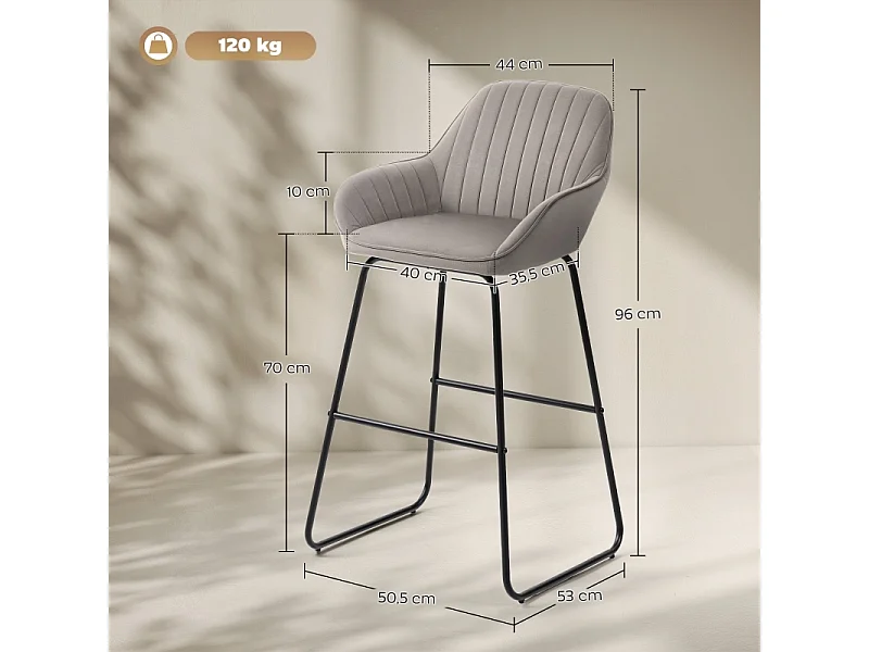 Set van 2 barkrukken met stoffen bekleding en schuimvulling, gestoffeerde kruk met metalen poten, grijs