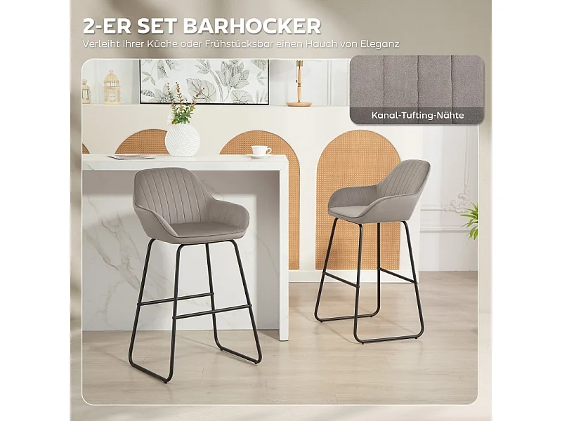 Set van 2 barkrukken met stoffen bekleding en schuimvulling, gestoffeerde kruk met metalen poten, grijs