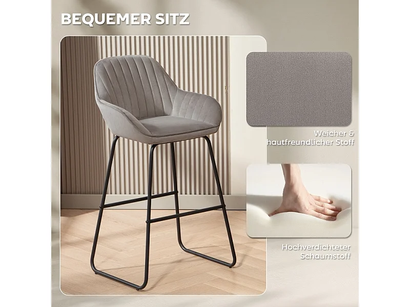 Set van 2 barkrukken met stoffen bekleding en schuimvulling, gestoffeerde kruk met metalen poten, grijs