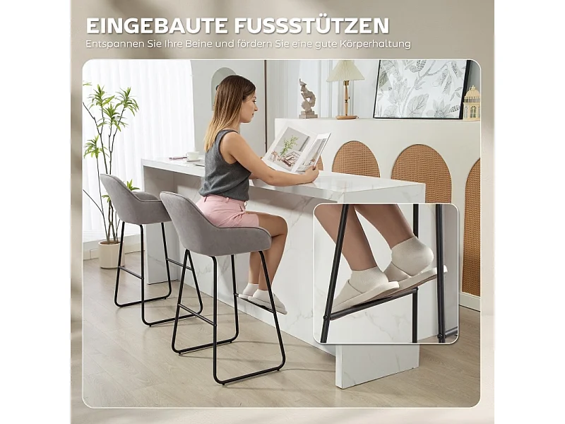 Set van 2 barkrukken met stoffen bekleding en schuimvulling, gestoffeerde kruk met metalen poten, grijs