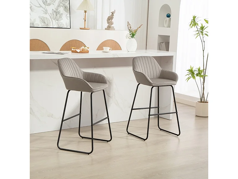 Lot de 2 tabourets de bar avec revêtement en tissu et rembourrage en mousse, tabouret rembourré avec pieds en métal, gris