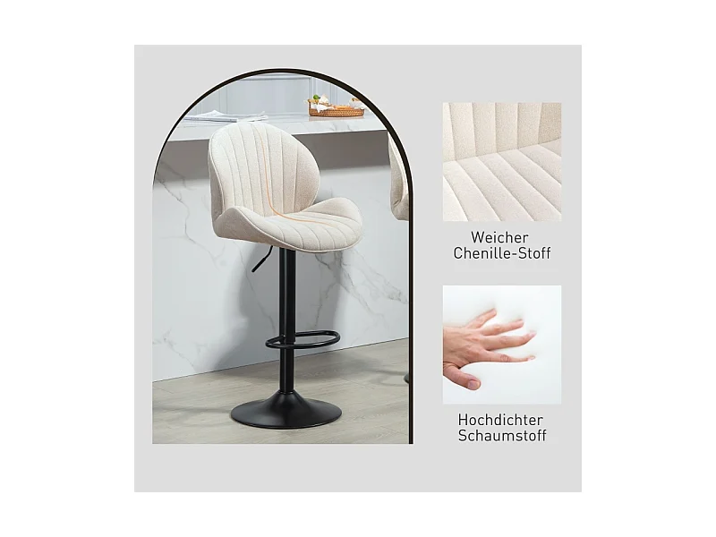 Lot de 2 tabourets de bar, revêtement en tissu, réglables en hauteur, pivotants, structure en acier, beige