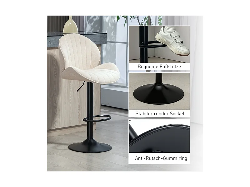 Lot de 2 tabourets de bar, revêtement en tissu, réglables en hauteur, pivotants, structure en acier, beige