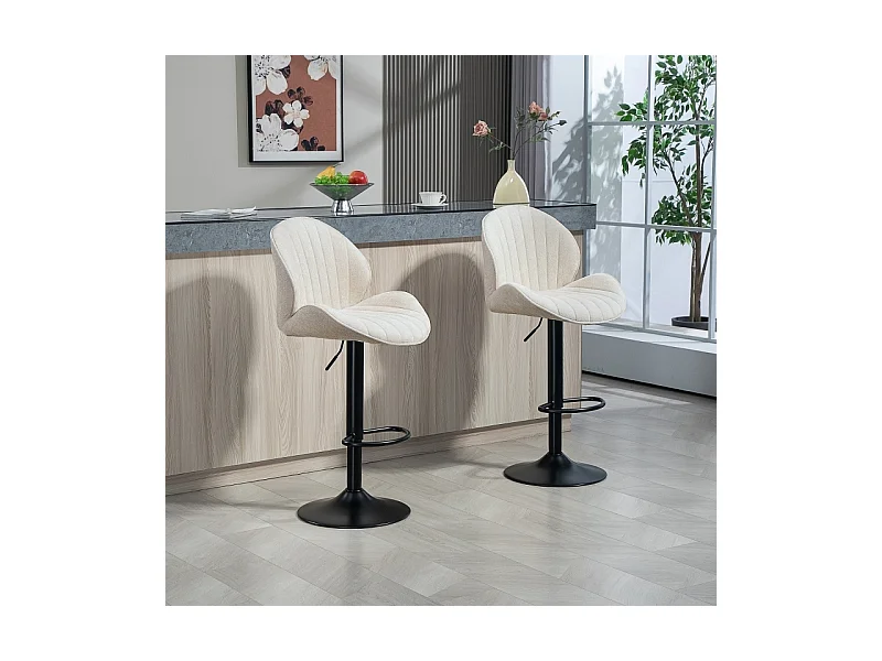 Lot de 2 tabourets de bar, revêtement en tissu, réglables en hauteur, pivotants, structure en acier, beige
