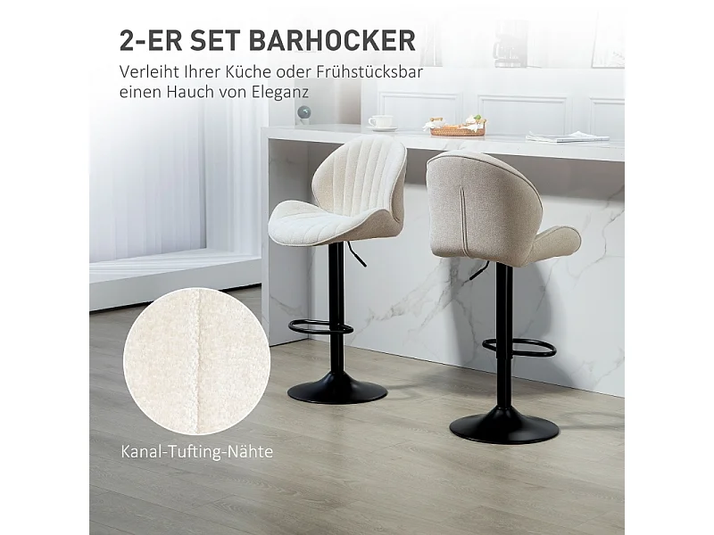 Barkruk set van 2, stoffen bekleding, in hoogte verstelbaar, draaibaar, stalen frame, beige