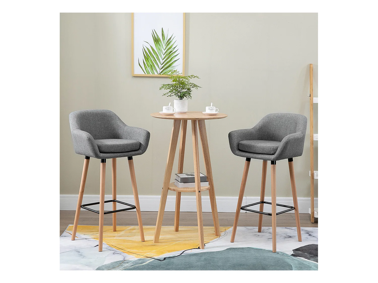 Ensemble de 2 tabourets de bar en lin avec coussins d'assise et repose-pieds, gris