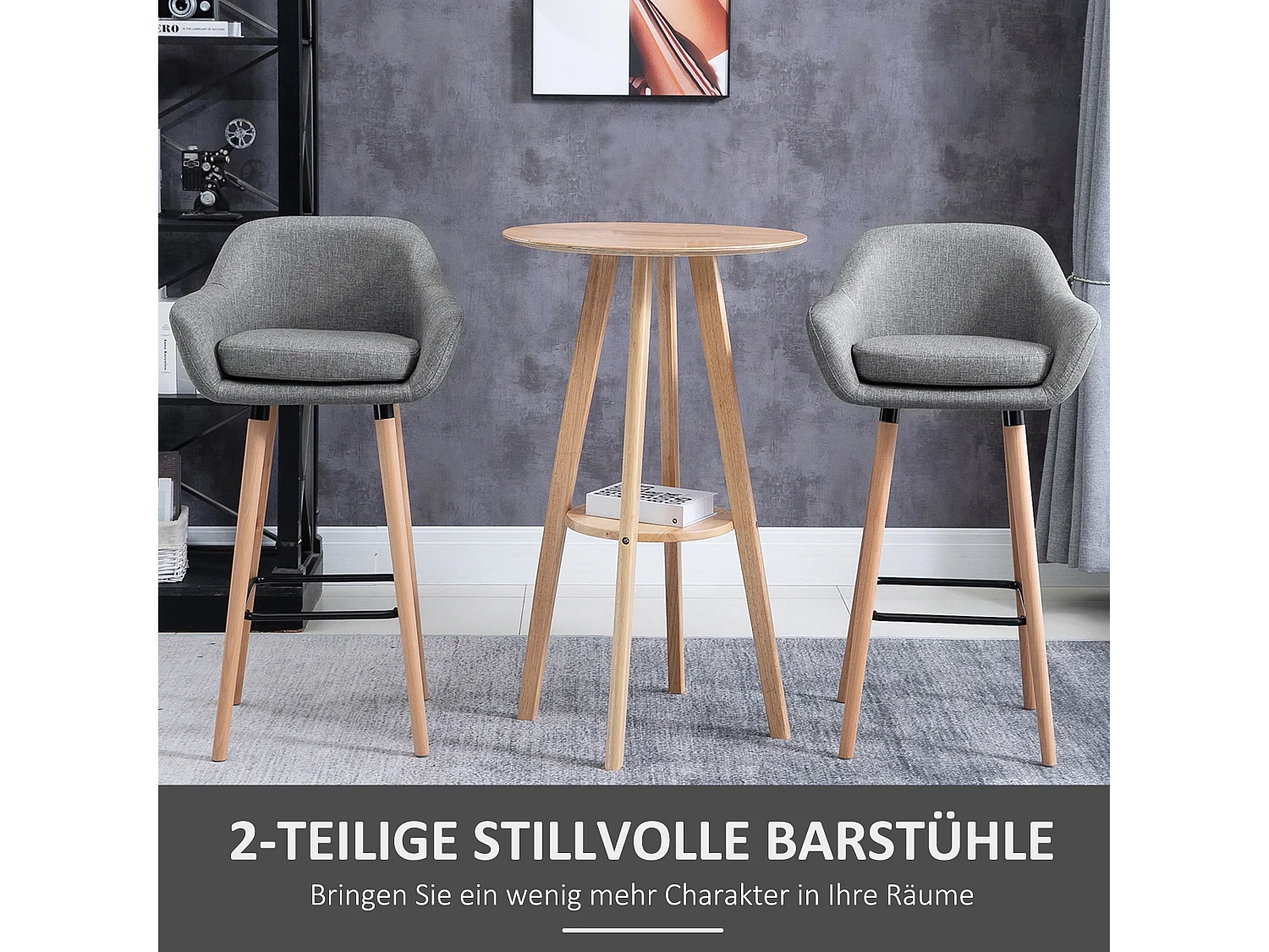 Barhocker 2er-Set, aus Leinen mit Sitzkissen, mit Fußstützen, Tresenhocker, Grau