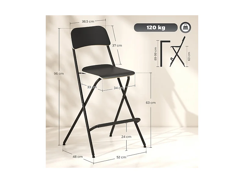 Lot de 2 tabourets de bar pliants avec structure en acier pour cuisine et salle à manger, noir