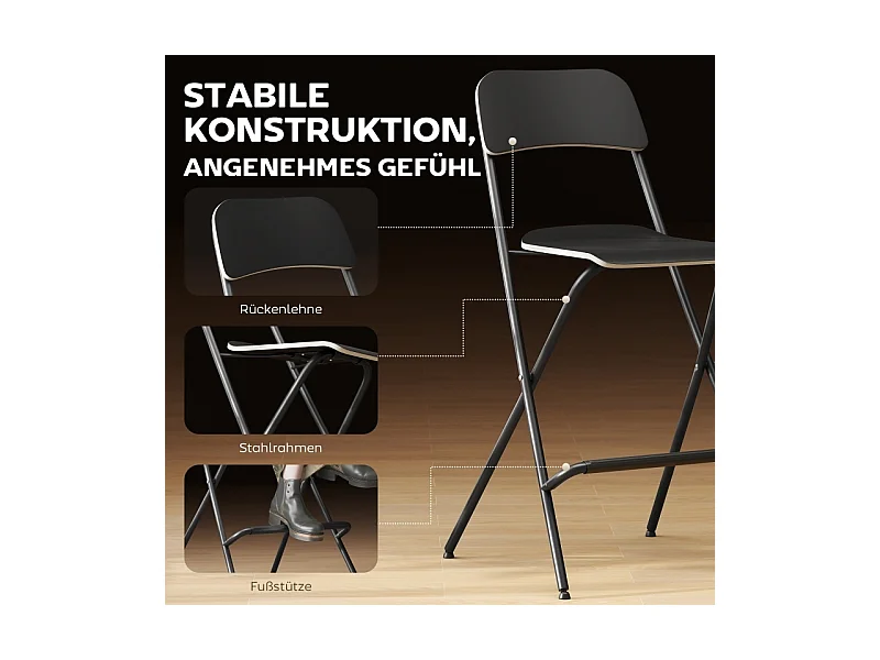 Lot de 2 tabourets de bar pliants avec structure en acier pour cuisine et salle à manger, noir