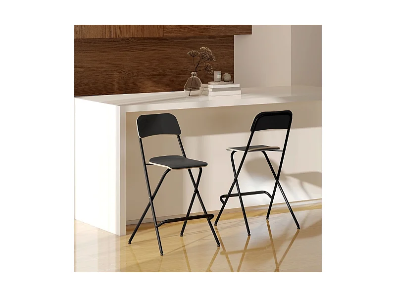 Lot de 2 tabourets de bar pliants avec structure en acier pour cuisine et salle à manger, noir