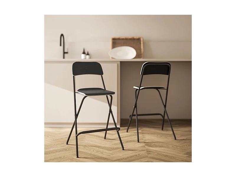 Lot de 2 tabourets de bar pliants avec structure en acier pour cuisine et salle à manger, noir