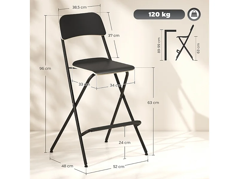 Juego de 2 taburetes de bar plegables con estructura de acero para cocina y comedor, color negro