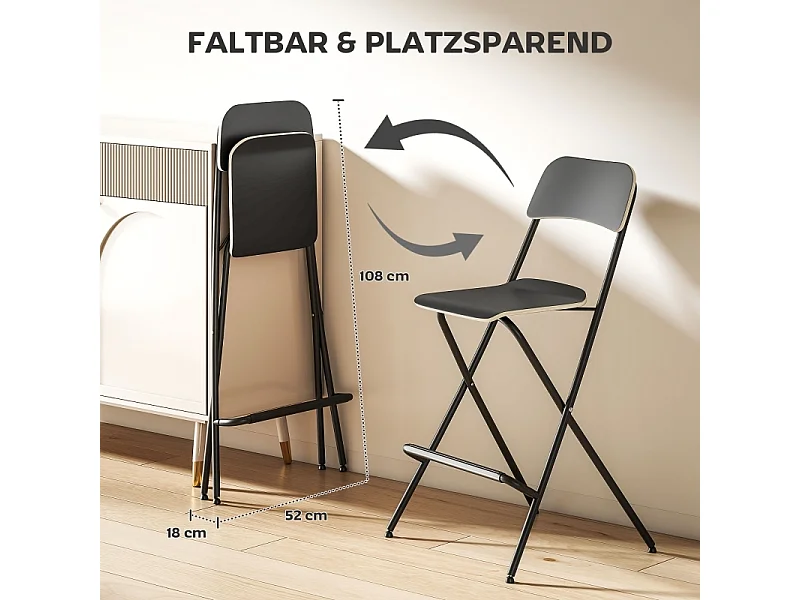 Juego de 2 taburetes de bar plegables con estructura de acero para cocina y comedor, color negro