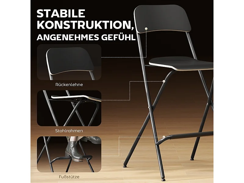Juego de 2 taburetes de bar plegables con estructura de acero para cocina y comedor, color negro