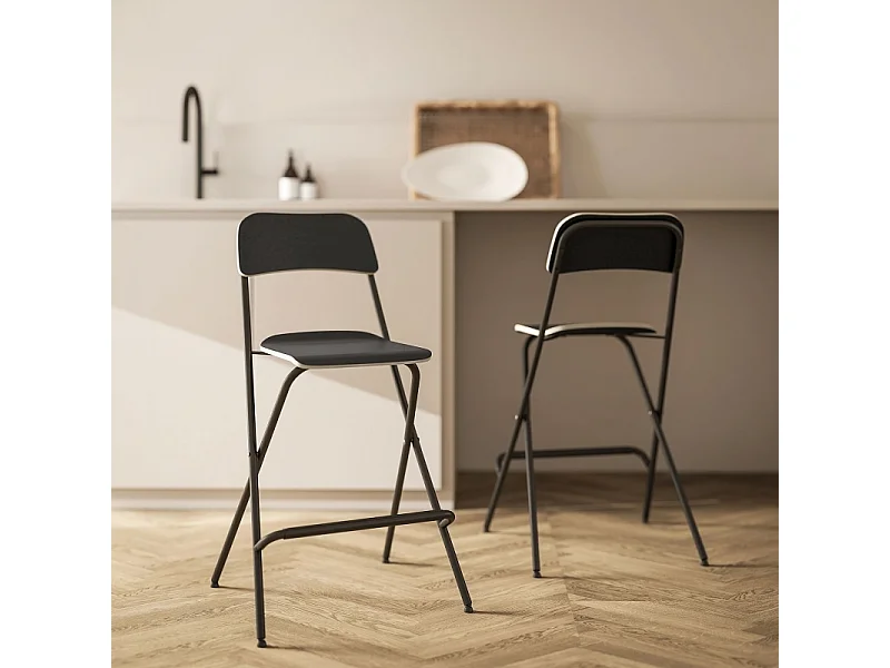 Juego de 2 taburetes de bar plegables con estructura de acero para cocina y comedor, color negro