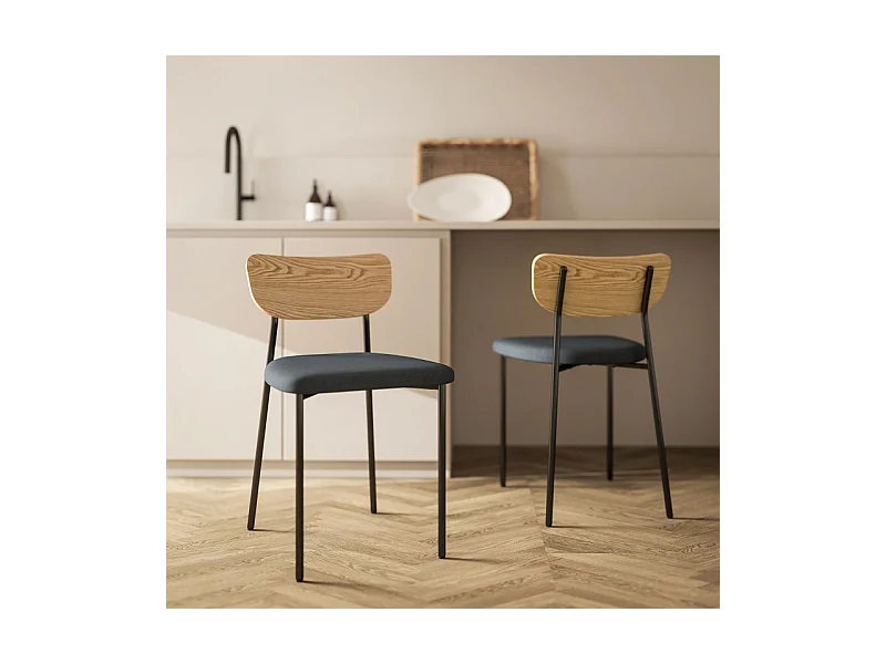 Lot de 2 chaises de salle à manger, chaise de cuisine avec dossier, aspect lin, chaise rembourrée avec pieds en acier, gris