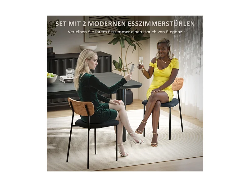 Lot de 2 chaises de salle à manger, chaise de cuisine avec dossier, aspect lin, chaise rembourrée avec pieds en acier, gris