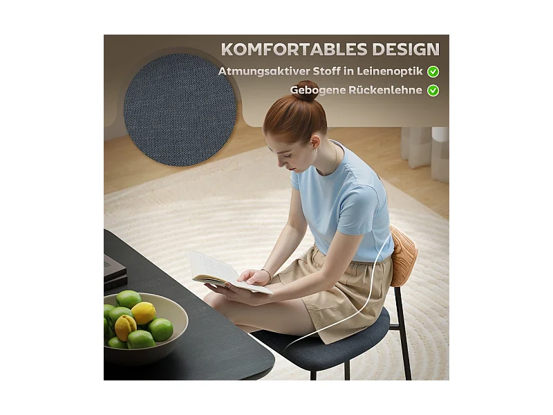 Lot de 2 chaises de salle à manger, chaise de cuisine avec dossier, aspect lin, chaise rembourrée avec pieds en acier, gris