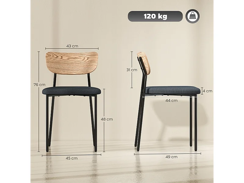 Eetkamerstoelen set van 2, keukenstoel met rugleuning, linnenlook, gestoffeerde stoel met stalen poten, grijs