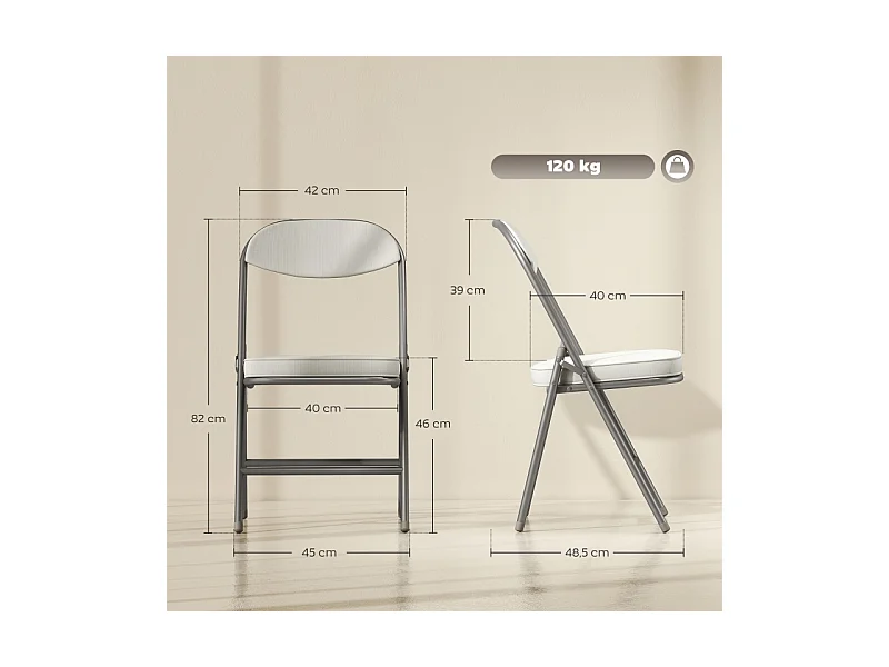 Lot de 4 chaises pliantes avec dossier rembourré, chaise de bureau pliable, structure en acier, jusqu'à 120 kg, blanc crème