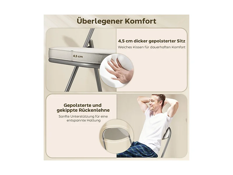 Lot de 4 chaises pliantes avec dossier rembourré, chaise de bureau pliable, structure en acier, jusqu'à 120 kg, blanc crème