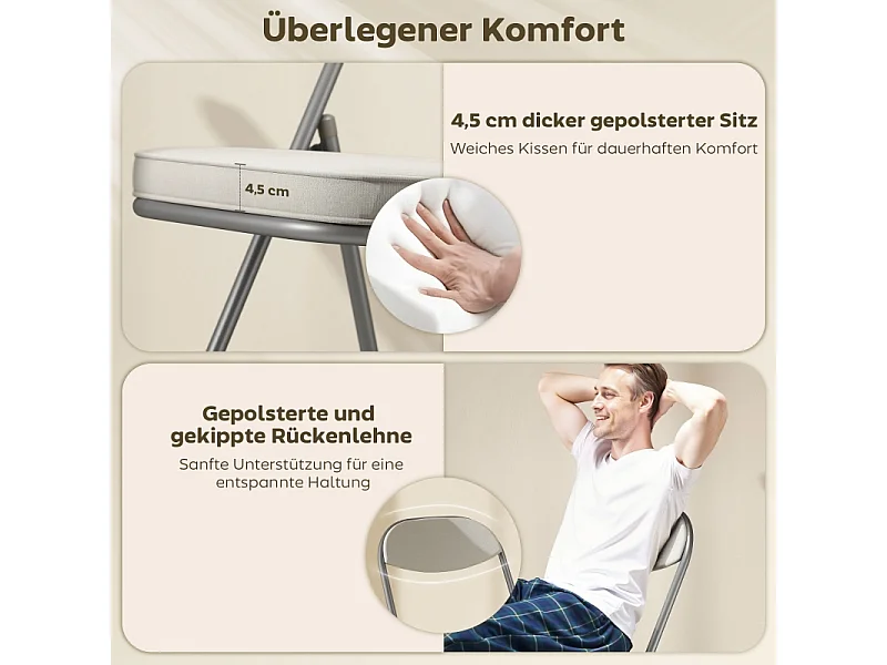 Lot de 4 chaises pliantes avec dossier rembourré, chaise de bureau pliable, structure en acier, jusqu'à 120 kg, blanc crème